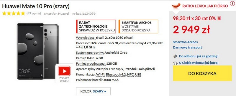 Стоимость смартфона Huawei Mate 10 Pro в магазине RTVeuroAGD