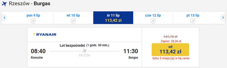 Вартість квитків на літак Ryanair сполученням Жешув-Бургас