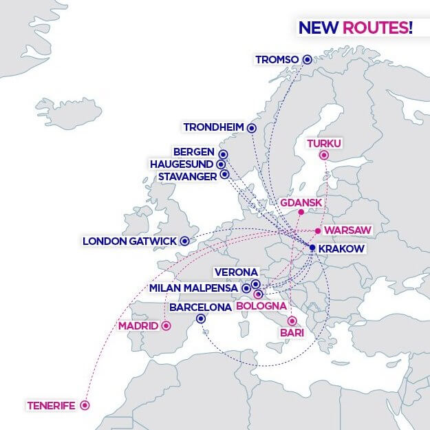 Карта нових маршрутів Wizz Air з Польщі у 2020 році