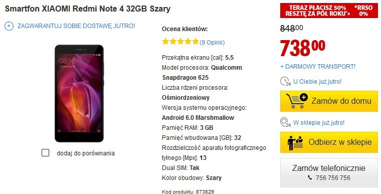 Вартість смартфона Xiaomi Redmi Note 4, 32Гб в MediaExpert