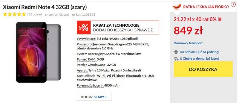 Стоимость смартфона Xiaomi Redmi Note 4 в магазине RTVeuroAGD