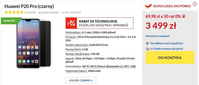 Стоимость смартфона Huawei P20 Pro в Польше