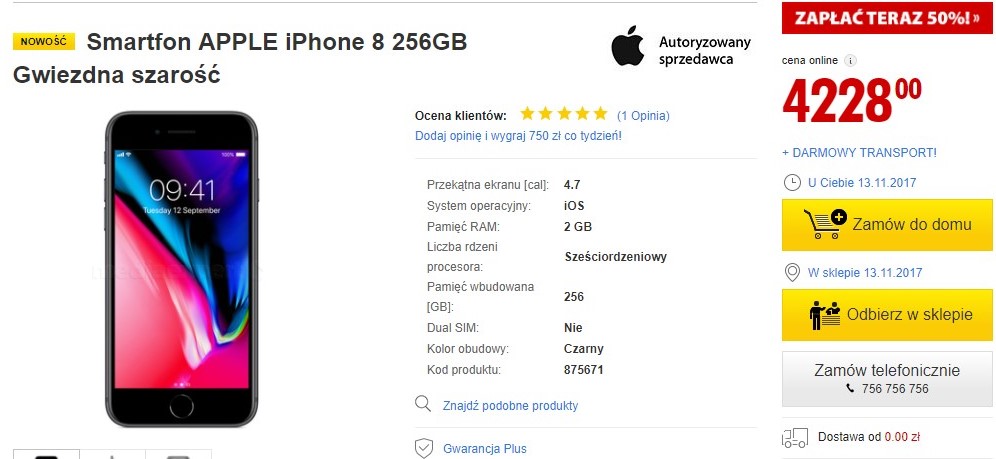 iPhone 8, 256GB. Цена в Польше на сайте mediaexpert.pl