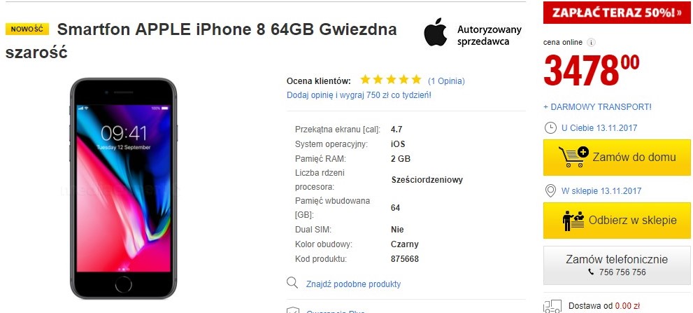 ціна на iPhone 8, 64GB на сайті mediaexpert.pl