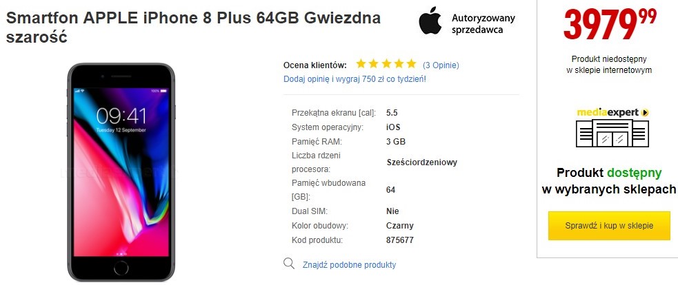 iPhone 8 Plus, 64GB. Цена в Польше на сайте mediaexpert.pl