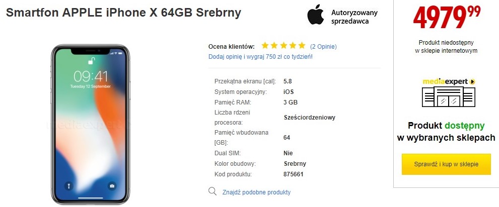  iPhone X 64GB. Цена в магазине MediaExpert