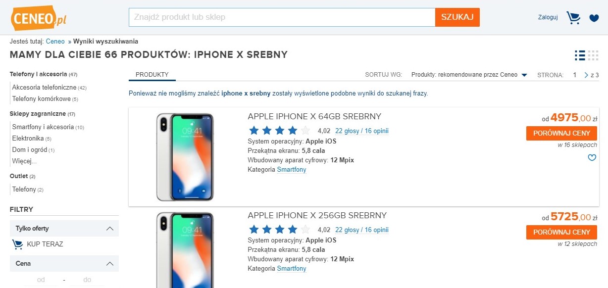порівняння цін на iPhone X в Польщі