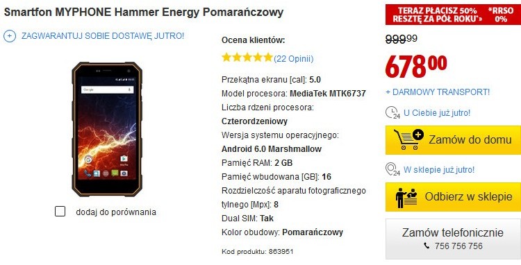 Стоимость смартфона myPhone Hammer Energy в магазине MediaExpert