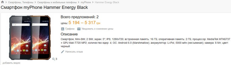 Стоимость смартфона myPhone Hammer Energy в Украине