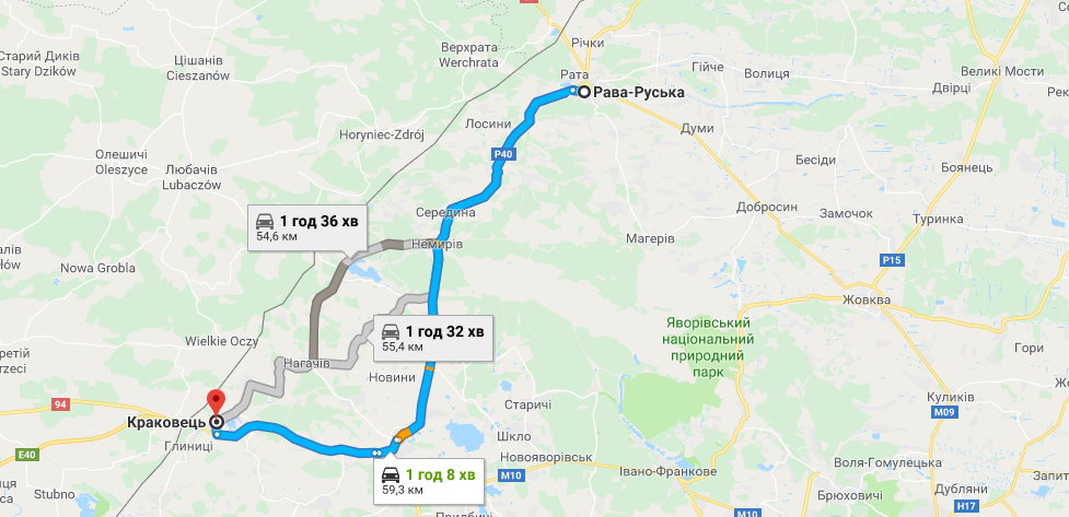 Схема проїзду Рава-Руська - Краковець