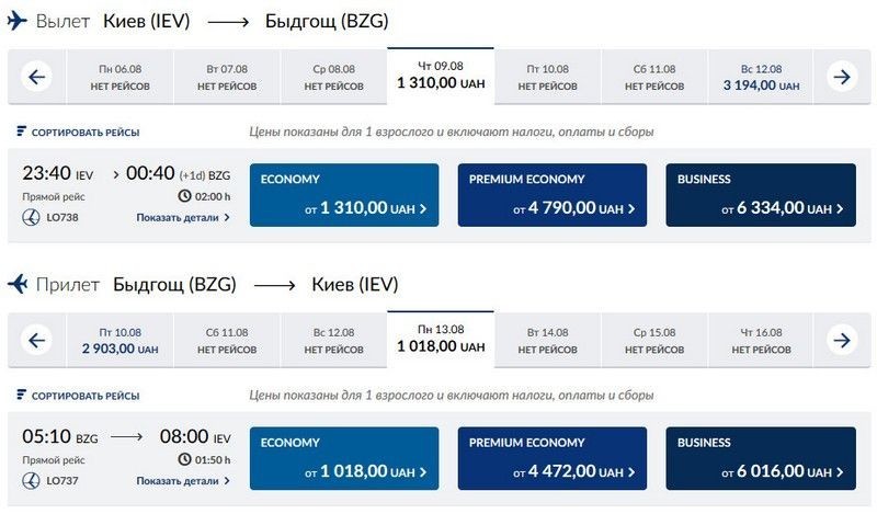 График полетов и стоимость билетов на маршруте Киев-Быдгощ-Киев