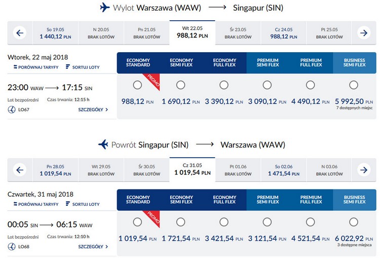 Расписание полетов и стоимость билетов на маршруте Варшава-Сингапур от компании LOT