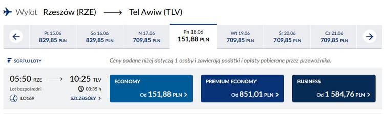 Вартість квитків на літак LOT сполученням Жешув-Тель Авів