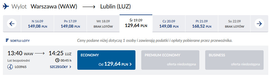Стоимость билетов на рейс Варшава-Люблин авиакомпании LOT
