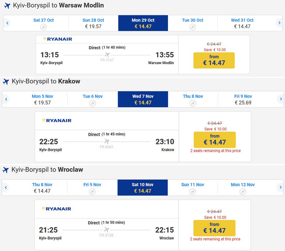 Акция от Ryanair по случаю открытия полетов из Украины. Билеты из Киева от 14,47 евро