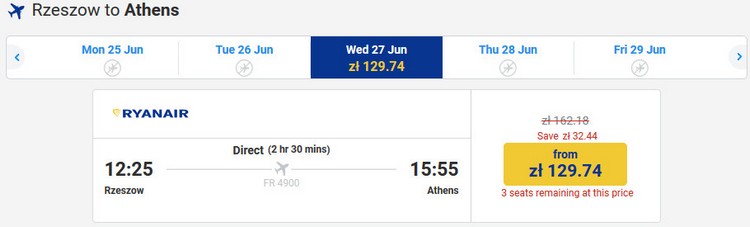 Вартість квитків на літак Ryanair сполученням Жешув-Афіни