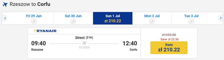 Стоимость билетов на самолет Ryanair сообщением Жешув-Корфу