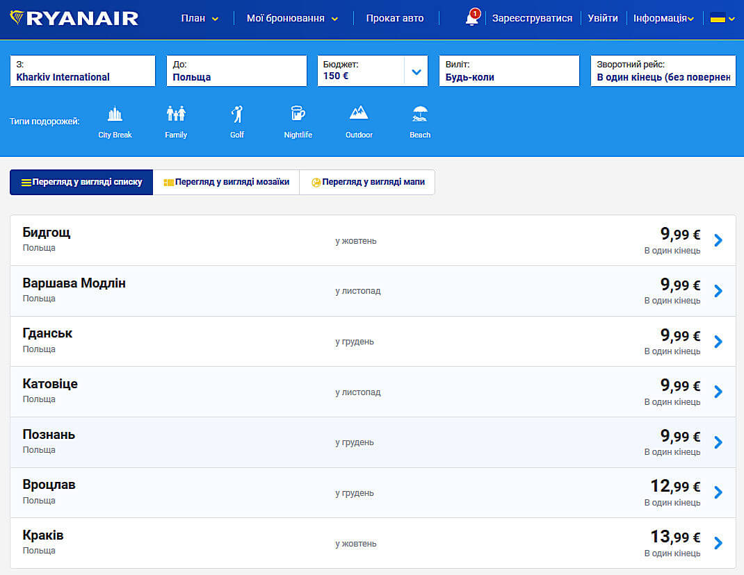 вартість квитків Ryanair з Харкова до польських міст