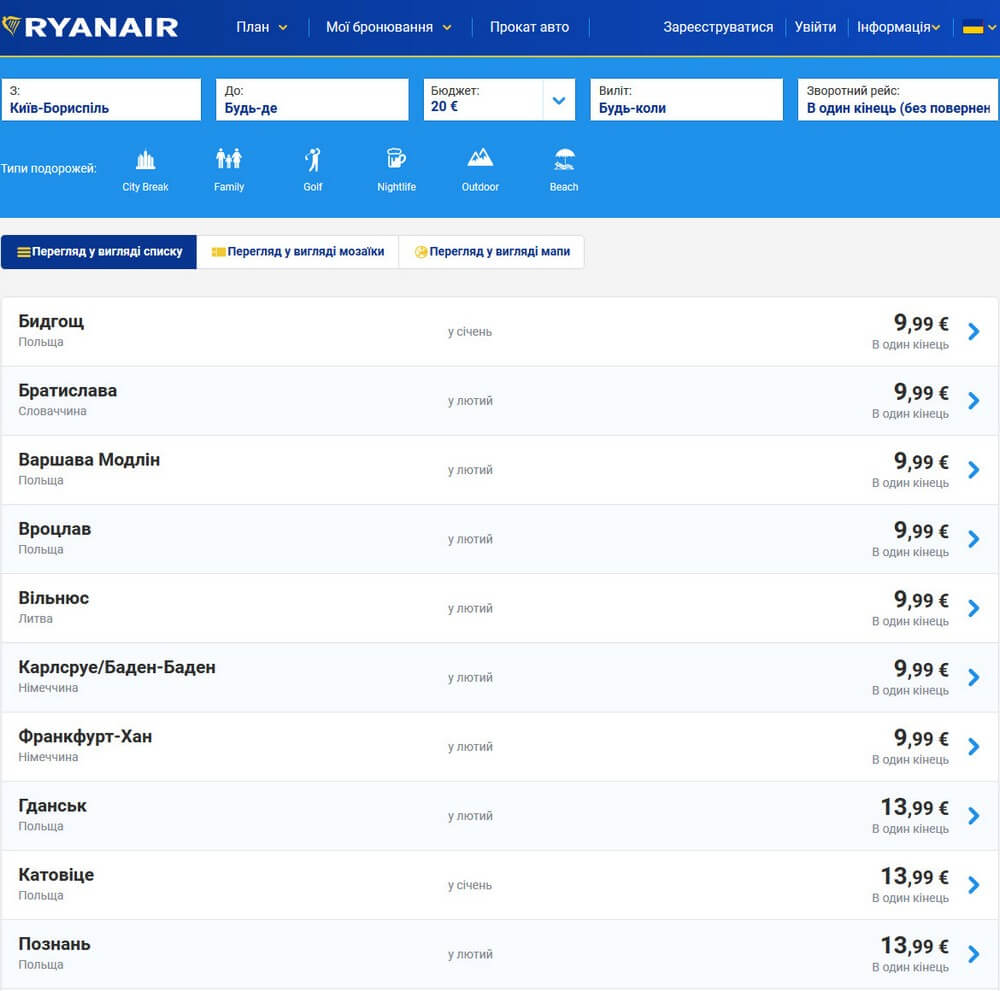 дешеві квитки Ryanair з Києва