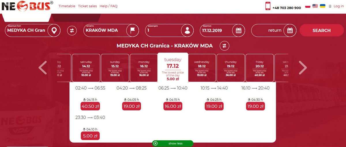 Расписание и цены на билеты Neobus Медыка-Краков