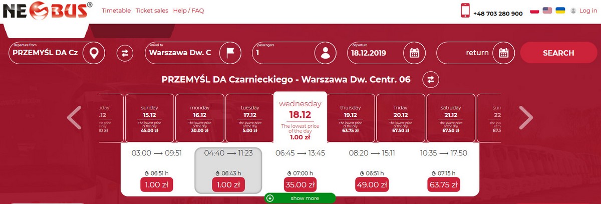 Розклад і ціни на квитки Neobus Перемишль-Варшава