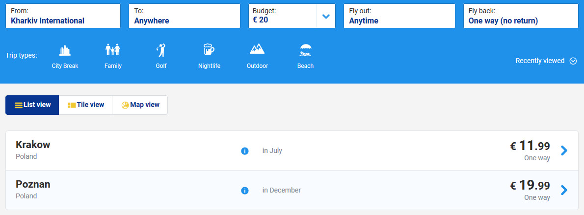 Дешеві напрямки Ryanair з Харкова