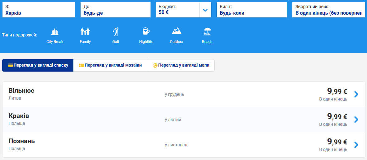 Стоимость билетов Ryanair из Харькова
