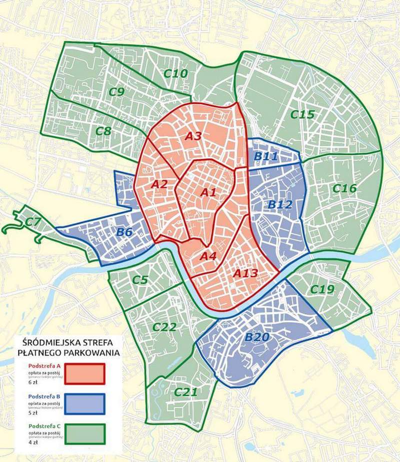 Карта зон платного паркування в Кракові