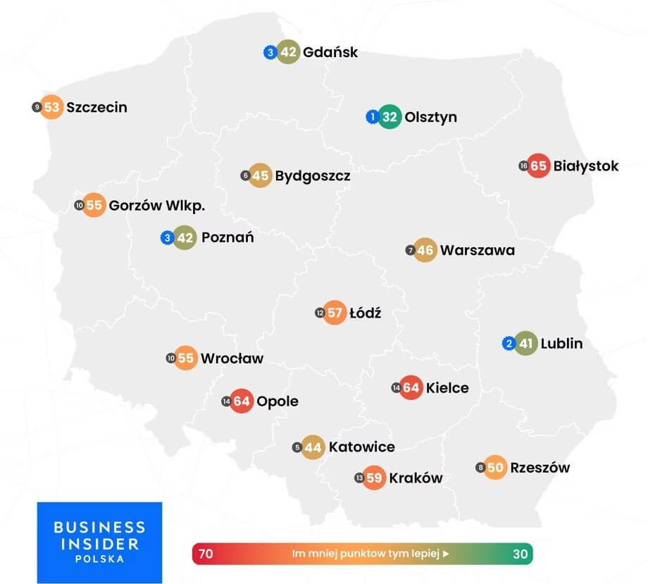 мапа з рейтингом найкращих міст Польщі