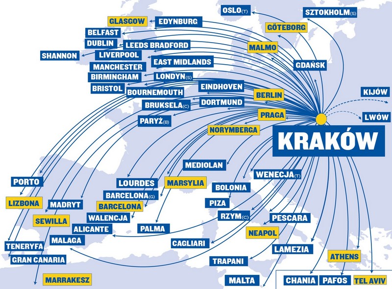 Карта польотів лоукостера Ryanair з аеропорту Краків-Баліце