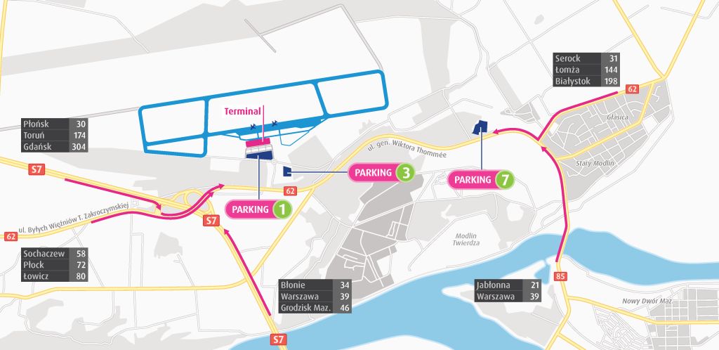 Карта рекомендованих паркінгів аеропорту Варшава-Модлін