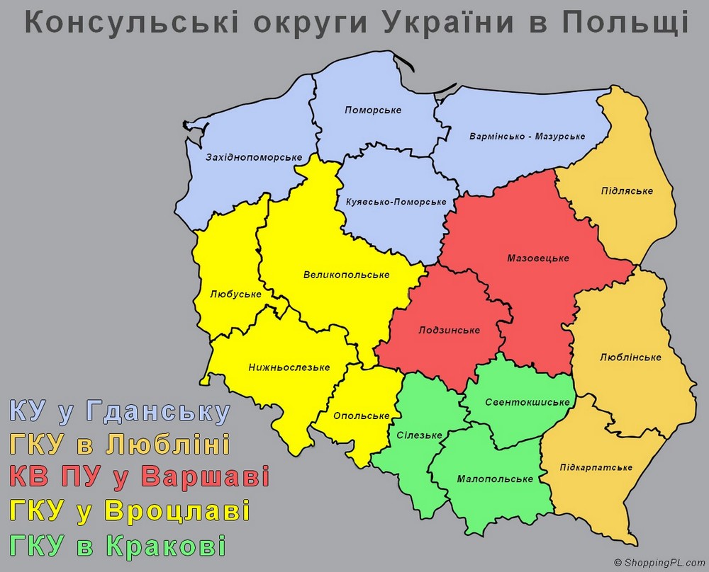 Карта консульських округів України в Польщі