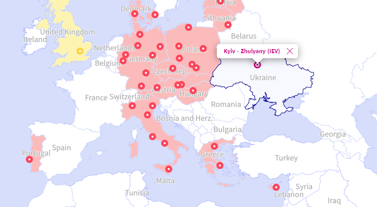 Карта польотів Wizz Air з Києва